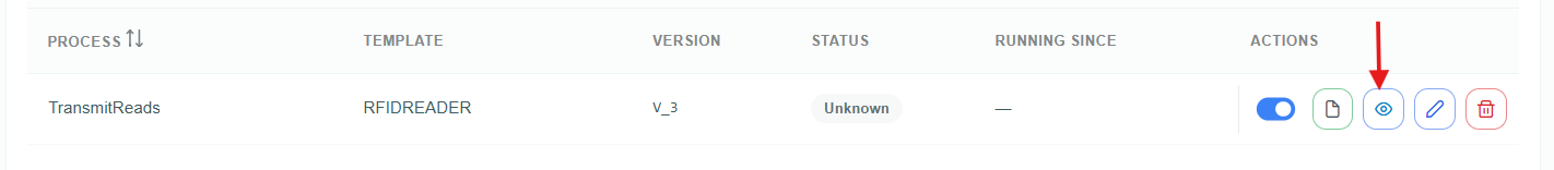Process list row with the start/stop switch and the Logs, Open, Edit, and Delete actions